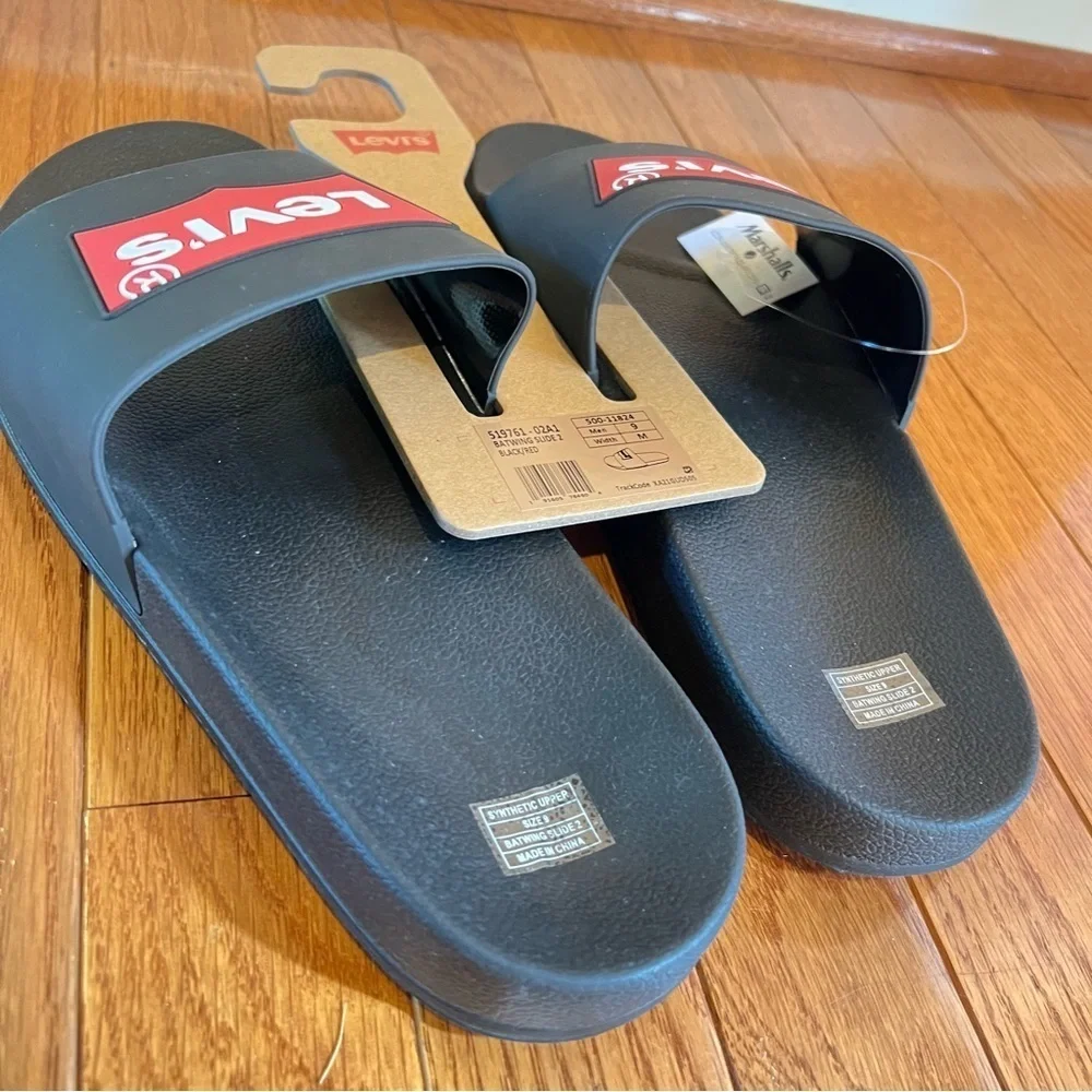 LEVIS Mens Batwing Slide 2 Black & Red Synthetic Upper Slippers Logo Size: 11,12
